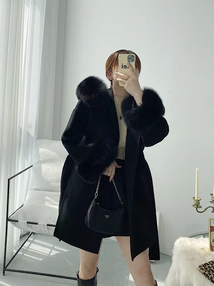 女性用の特大の天然キツネの毛皮のコート,女性用のアウター,本物の毛皮のコート,毛皮の襟の袖口,カシミヤウール,ウールのフード,春のジャケット,新品,25