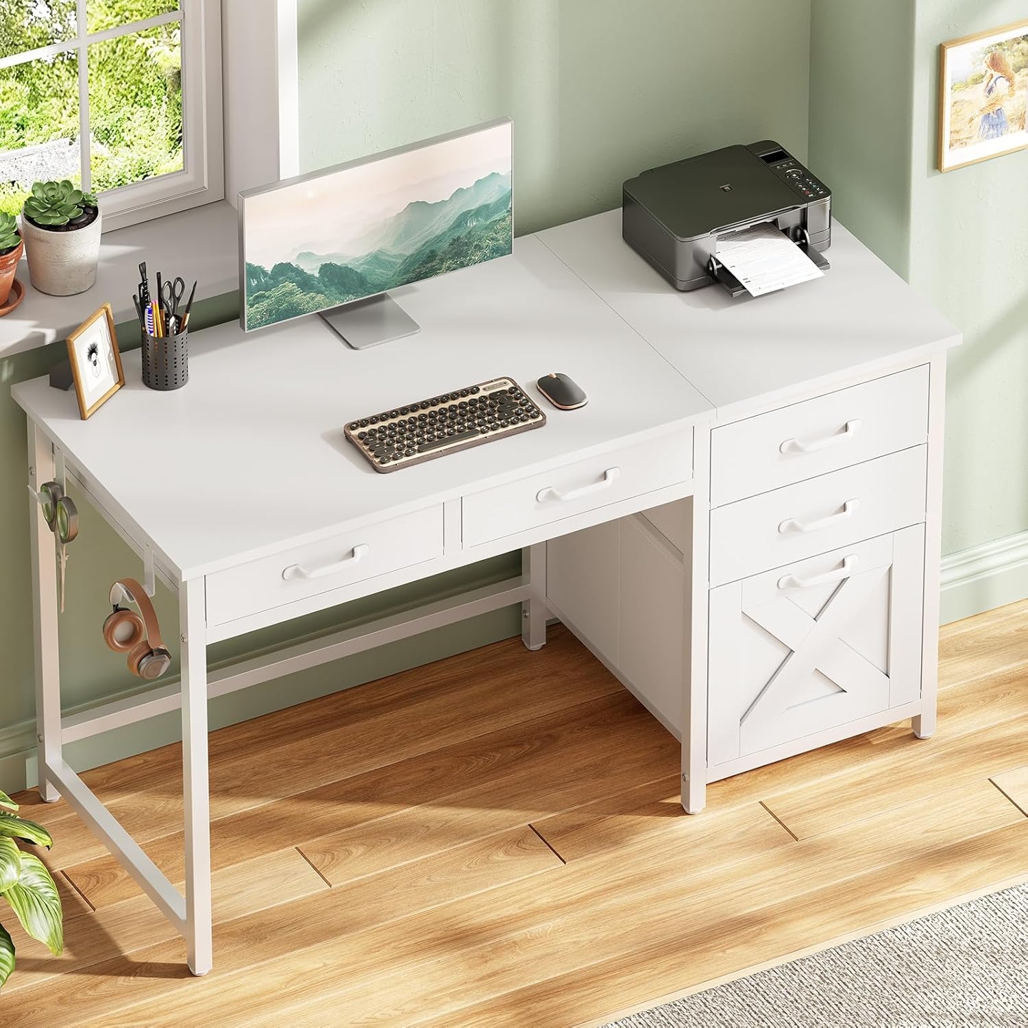 Office Desk with 5 Fabric Drawers, Computer Desk with Drawers,Farmhouse Desk with Headphone Hooks for Home Office (39 inch)