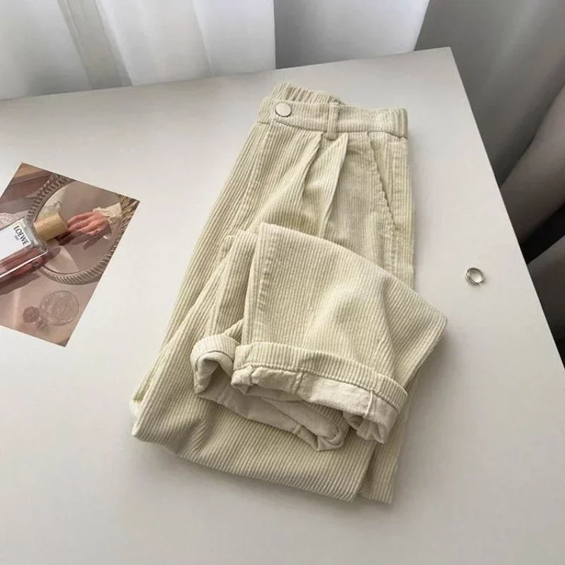 Retro cintura alta calças de veludo feminino primavera outono em linha reta causal comprimento total calças coreano moda baggy todos os jogos calça preta