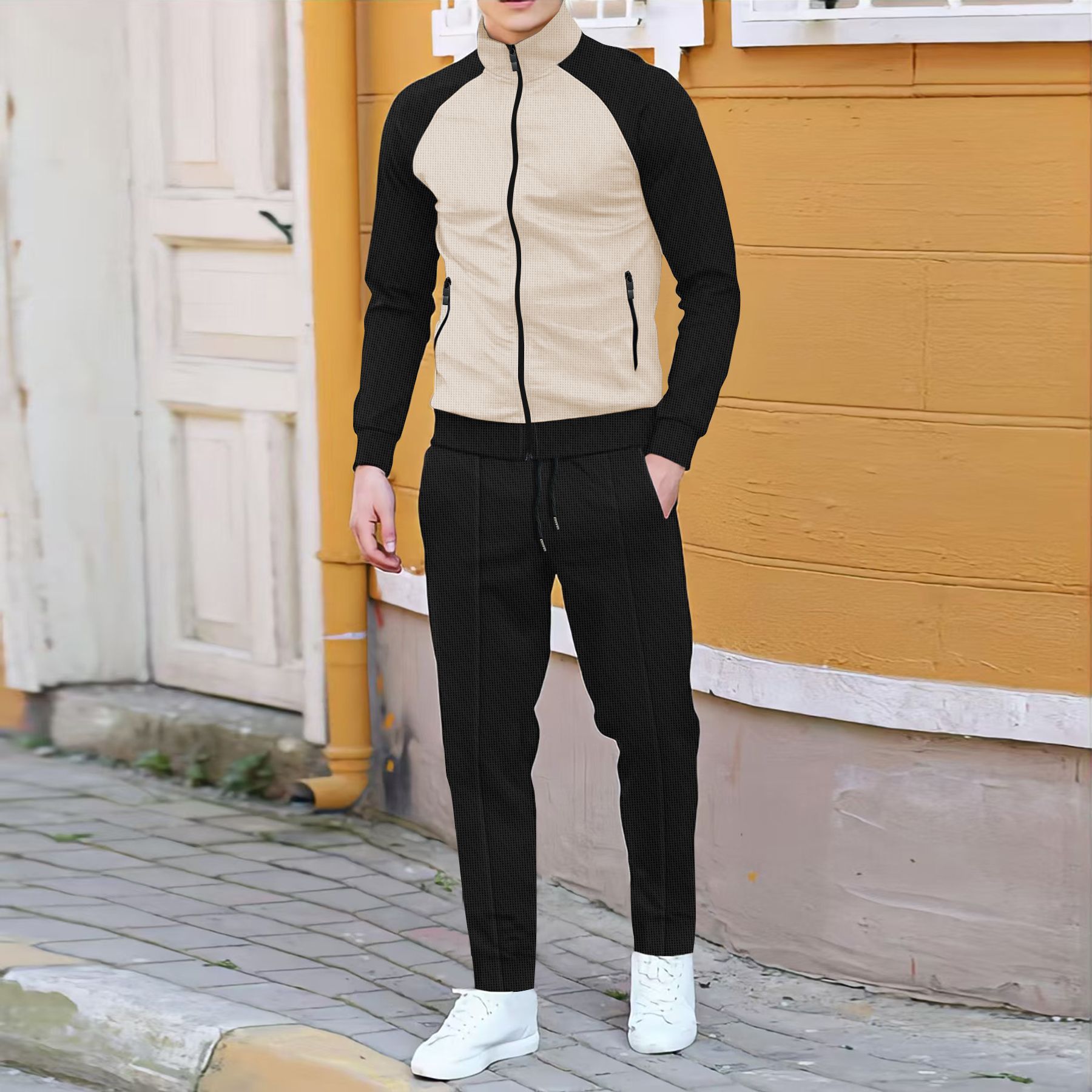Traje informal de primavera y otoño para hombre, chaqueta de cuello alto con manga de rotador y pantalones, deportes informales al aire libre, contraste de color a la moda