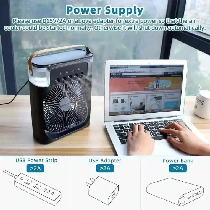 Umidificatore portatile Ventilatore Condizionatori d'aria Ventilatore elettrico USB Luce notturna a LED Nebbia d'acqua Divertimento 3 in 1 Dispositivo di raffreddamento dell'aria Umidifie per la casa