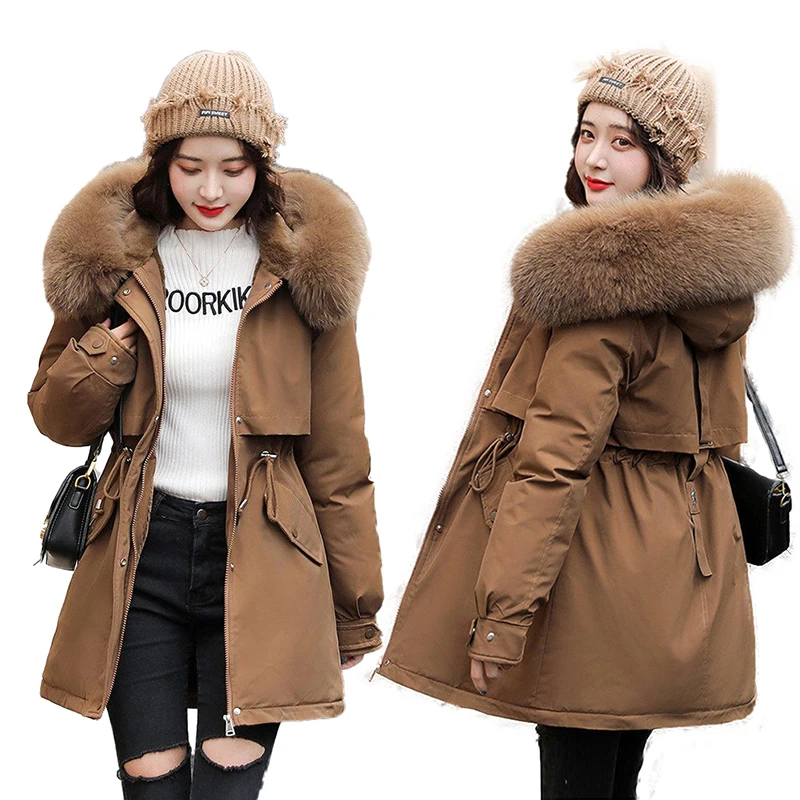 Parka para mujer, abrigo largo a la moda, Parkas con capucha y forro de felpa, nueva chaqueta de invierno ajustada con Cuello de piel, ropa cálida para la nieve, ropa acolchada