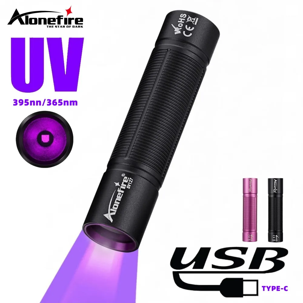 Mini 365nm UV Flashlight USB Rechargeable Ultraviolet Blacklight Marker Cat Dog Urine Money Fluorescence Detector Light