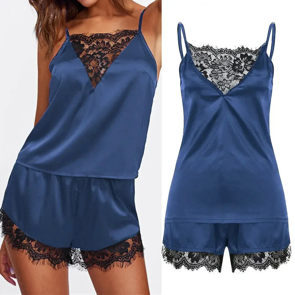 Женские пижамы из ледяного шелка, пижамный комплект, ночные рубашки, ночная рубашка, шорты-бретельки, черные, красные, L XL, кружевные, повседневные, сексуальные, гладкие, 파자마