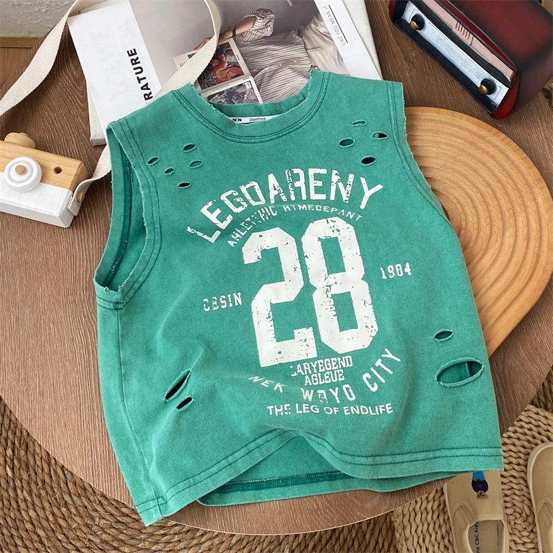 Verano guapo niños nuevo desgastado negro puro algodón sin mangas camiseta perforada estilo suelto camiseta sin mangas para bebé