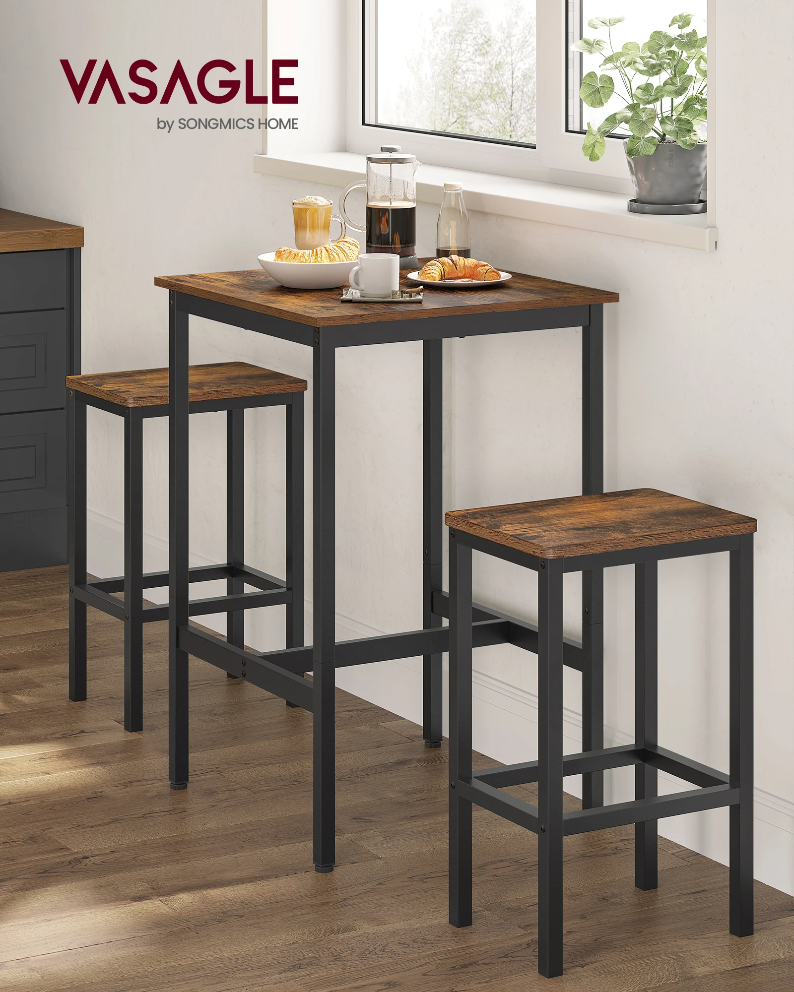 Ensemble Table de Bar avec Tabourets, Table à Manger avec 2 Chaises, Petite Table de Cuisine, Chaises de Bar, pour Salle à Manger, Cuisine, Marron rustique et noir/Doré Chêne et Blanc Nuage/Grège Chiné et Noir d'encre