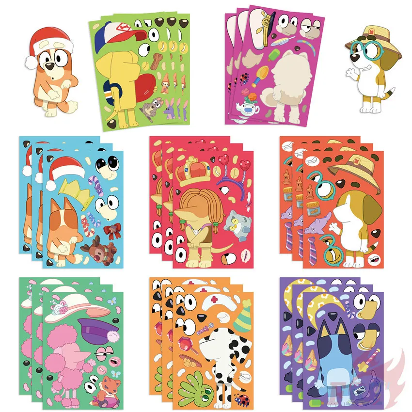 8/16Sheets Cartoon B-Bluey Stickers Bingo Dog Anime Make A Face Diy Decoration Decal Stickers Children Puzzle Education Toys