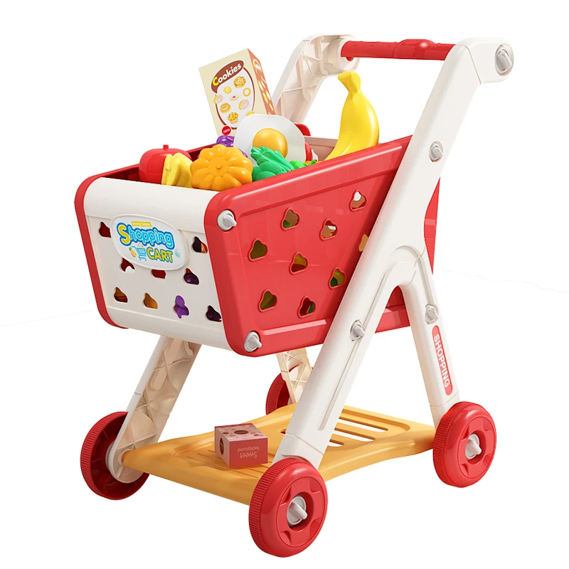 Carrito de compras de juguete para bebé, carrito pequeño para niños, casa de juegos, corte de fruta, música, cocina, supermercado, hombres y niñas