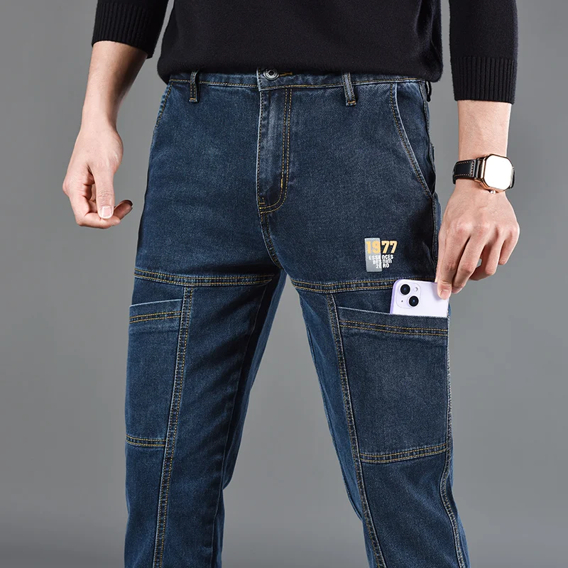 Pantalones vaqueros con seis bolsillos y estampado de moda, estilo de corte recto pequeño, ropa informal y cómoda para hombre