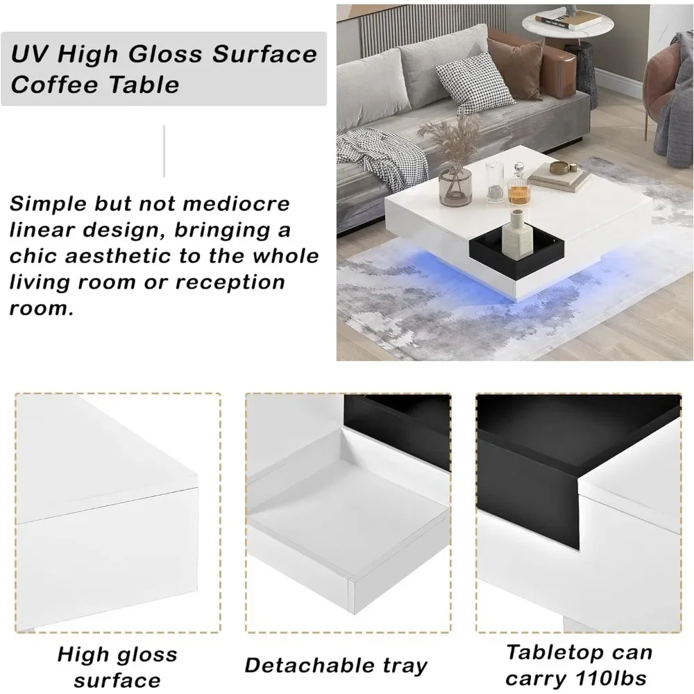 31,5 moderner quadratischer LED-Couchtisch mit 16 Farben, moderner, minimalistischer quadratischer Cocktailtisch mit abnehmbarem Tablettstopfen für das Wohnzimmer
