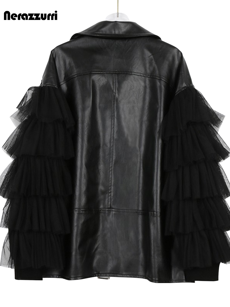 Nerazzurriฤดูใบไม้ผลิฤดูใบไม้ร่วงหลวมสีดําเสื้อหนังFauxผู้หญิงลูกไม้แขนยาวซิปเข็มขัดหรูหราแฟชั่น 2022