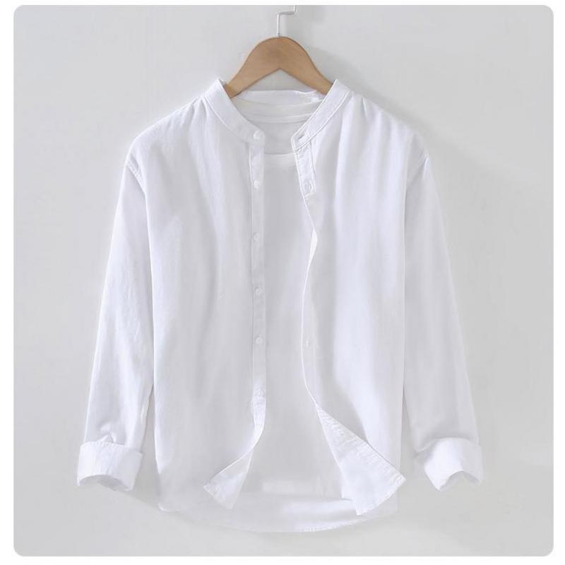 M-3XL Spring and Summer Stand Collar Plain Color Long-sleeve Vintage Men's Streetwear Single Breasted Linen Shirts