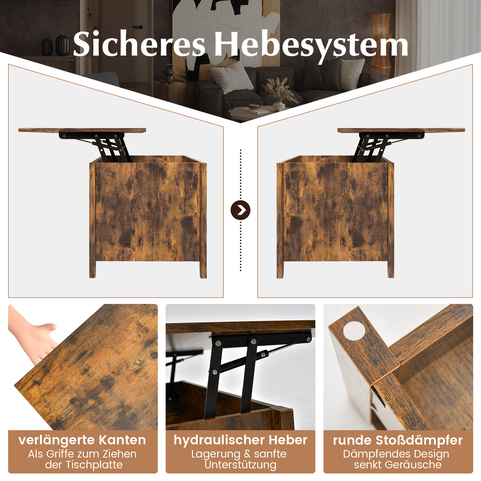 Stolik kawowy z regulacją wysokości, stolik kawowy z miejscem do przechowywania, półkami, stolik pomocniczy z drewna, stolik kawowy, stolik do herbaty do salonu, 104,5 x 49,5 x 48,5 – 61 cm