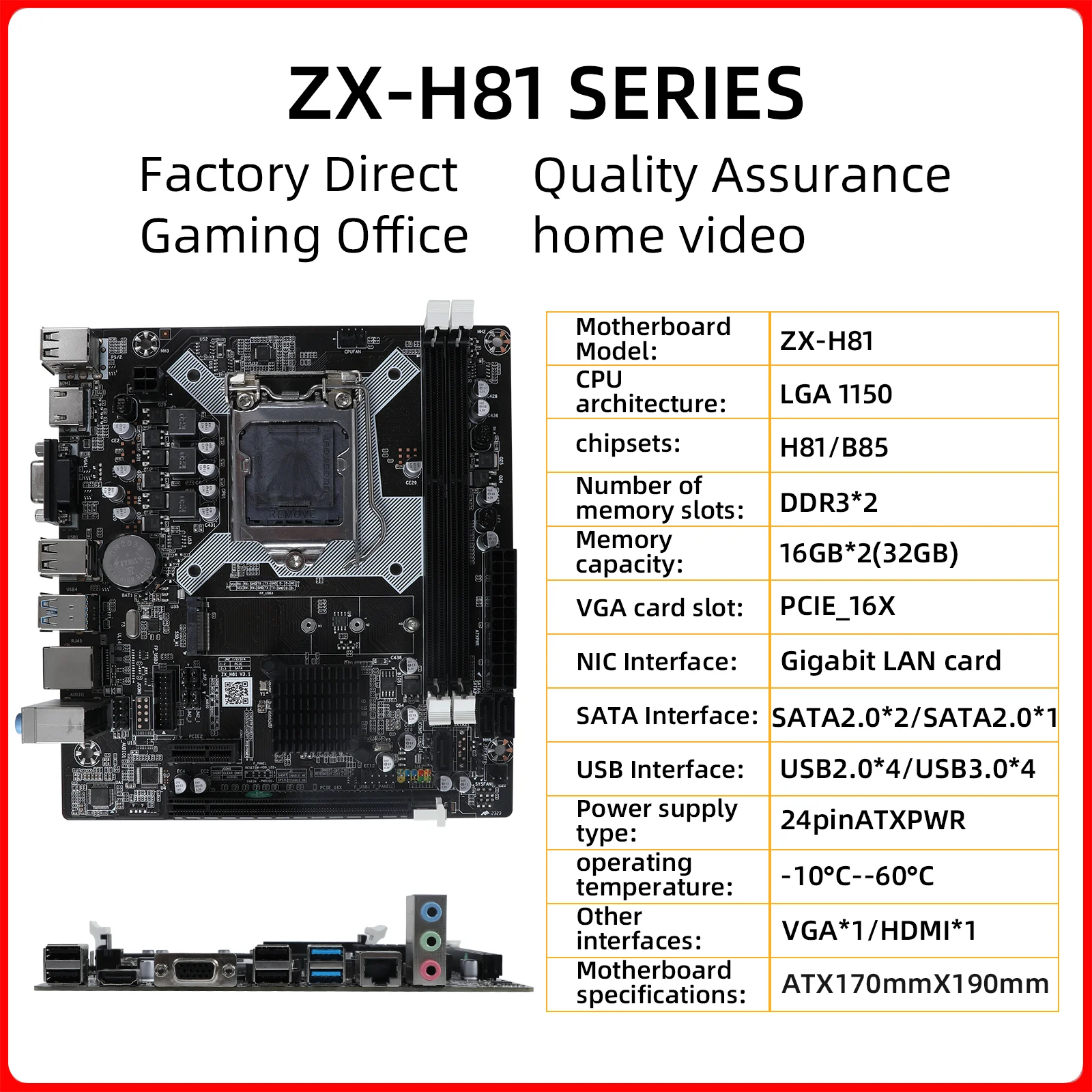 ZX-H81 Motherboard LGA 1150, unterstützt i3 i5 Prozessor DDR3 RAM H81 Mainboard