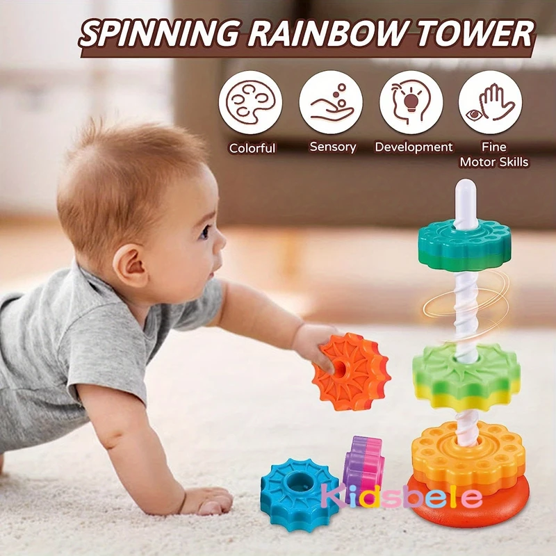 Giocattoli impilabili rotanti arcobaleno per bambini Giocattoli rotanti Montessori educativi e giocattoli per bambini impilatrici ad anelli con design arcobaleno a colori