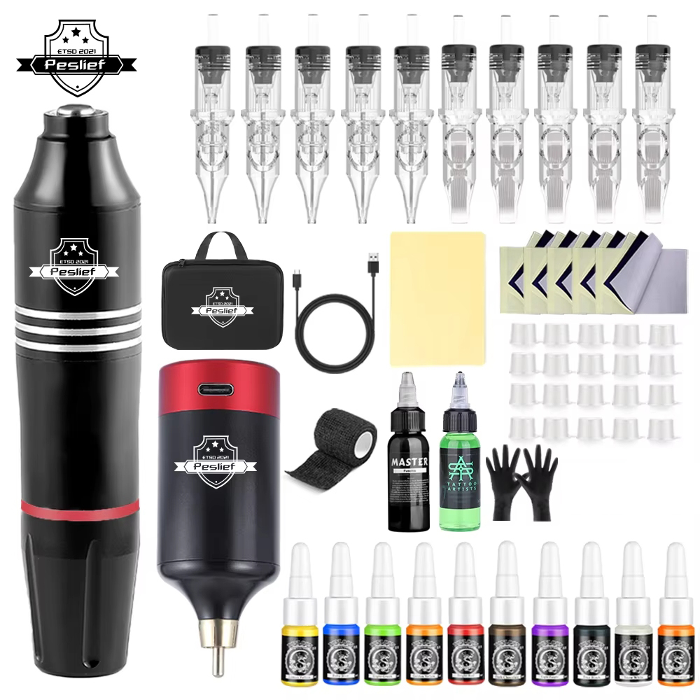 Professionelles kabelloses Rotary-Tattoo-Maschinen-Set mit 10-teiligen Patronennadeln, komplettes Set für Tätowierer und Anfänger