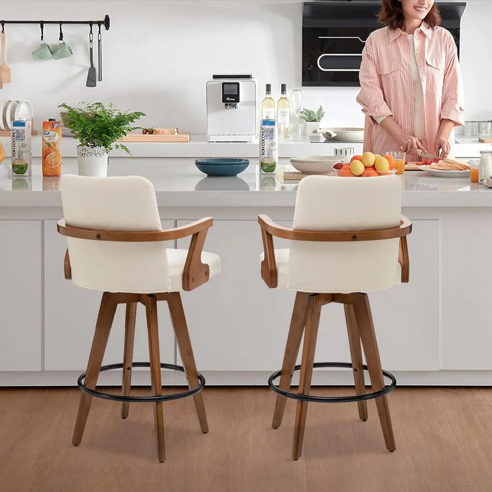 26” Counter Height Bar Stools,Leather Upholstered Bar Chair, Swivel Bar Stools, Modern Beige Barstool Set