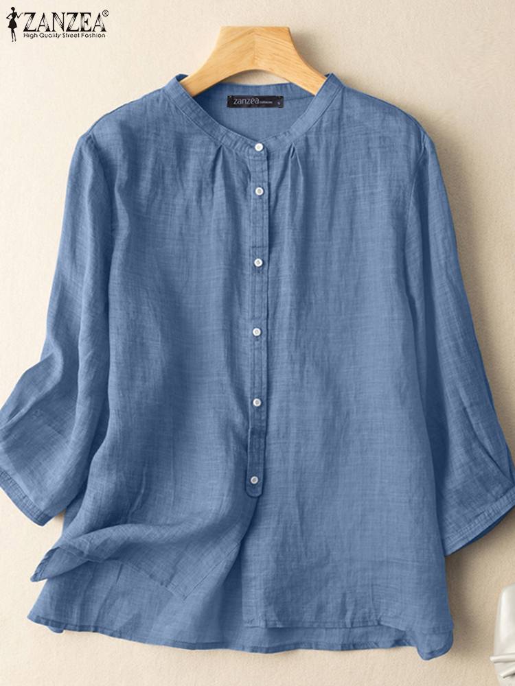 2023 Zanzea Herbst Sommer Blusen lässig Frauen Hemden einfarbig Ärmel Knöpfe Baumwolle Leinen Blusas solide Top lässige Tunika