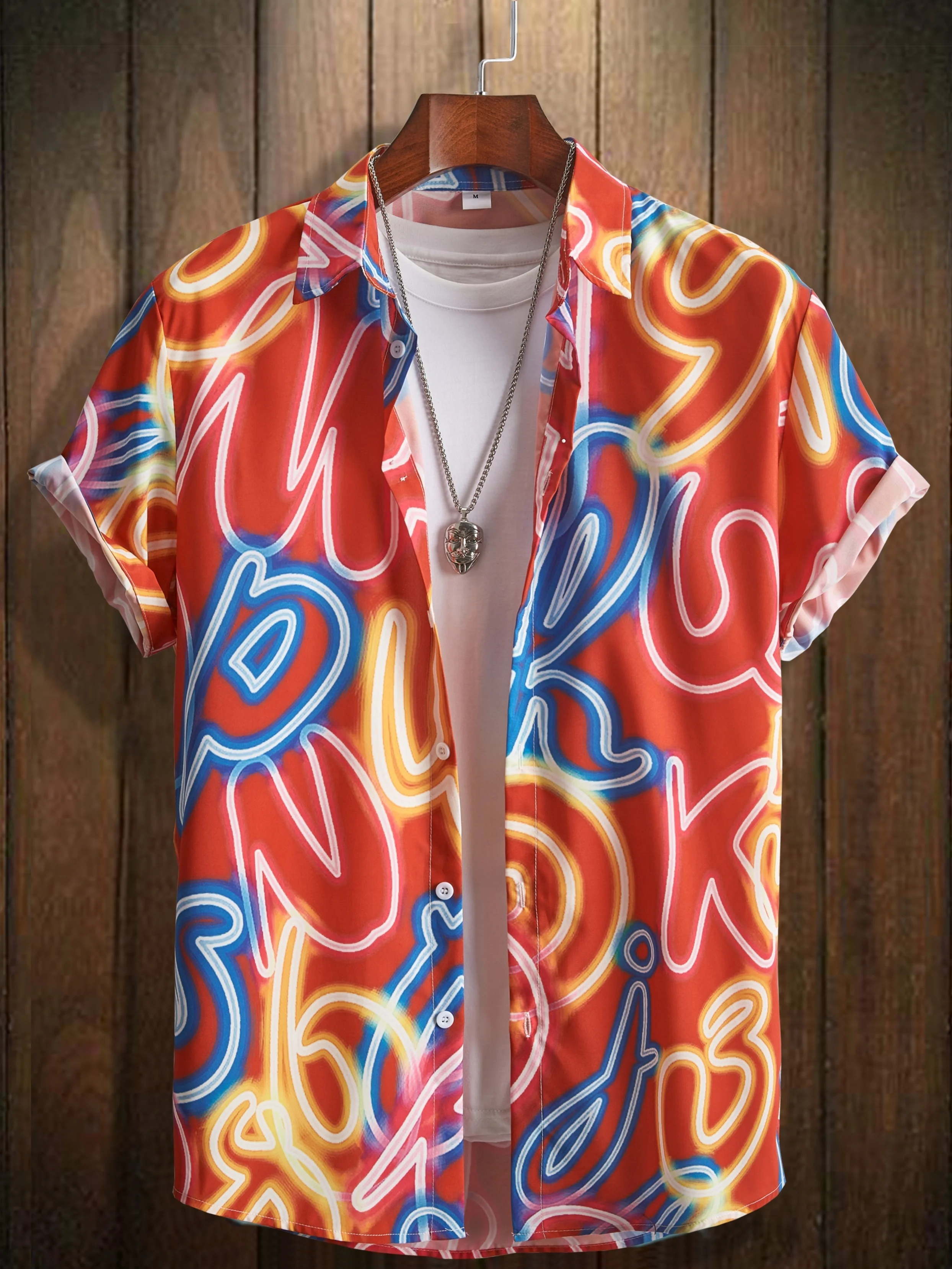 Camisas de manga corta informales con botones y estampado de solapas de estilo neón para hombre, ropa para hombre, camisa hawaiana de verano, ropa de calle para hombre