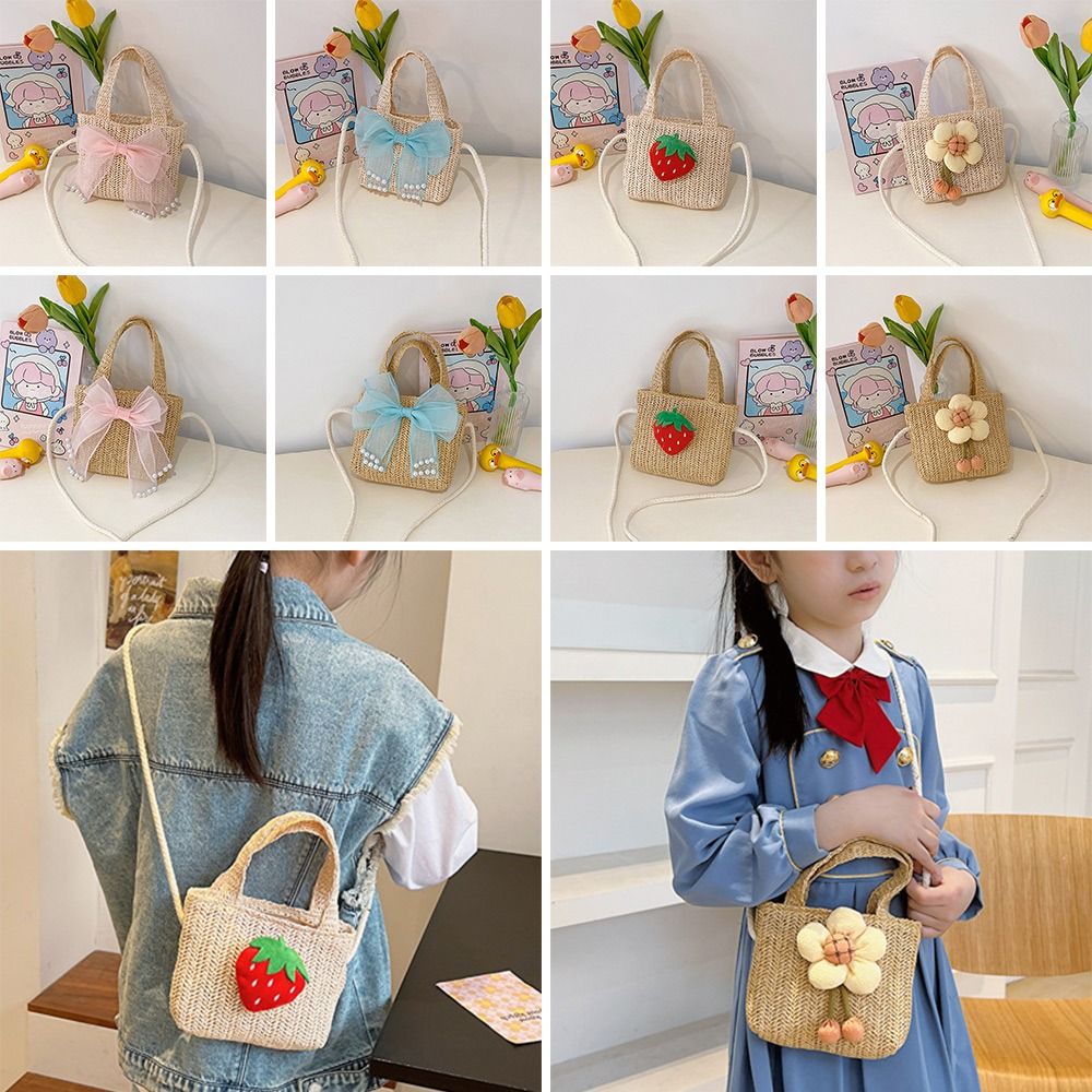 Handgemachte gewebte Mädchen Strohs ack Sommer Reiß verschluss Mesh Bogen Cross body Handtasche Münz geldbörse Foto Requisiten Kind Strand taschen