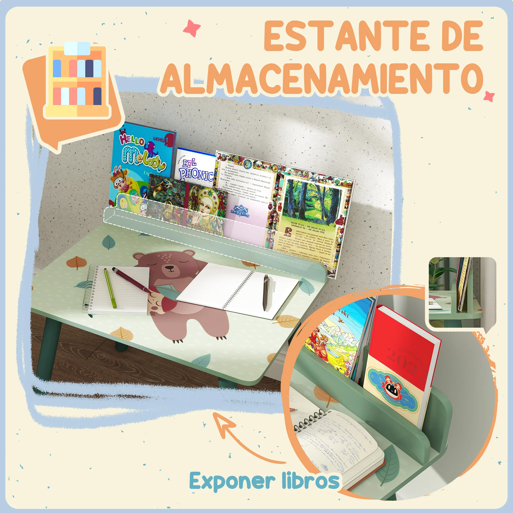 Tavolo e sedia per bambini Aiyaplay in 2 pezzi con libreria verde