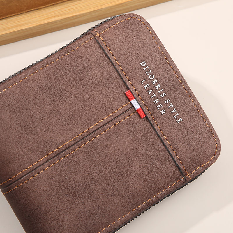 2025 new men's wallet short horizontal zipper three fold zero wallet retro casual buckle square bag