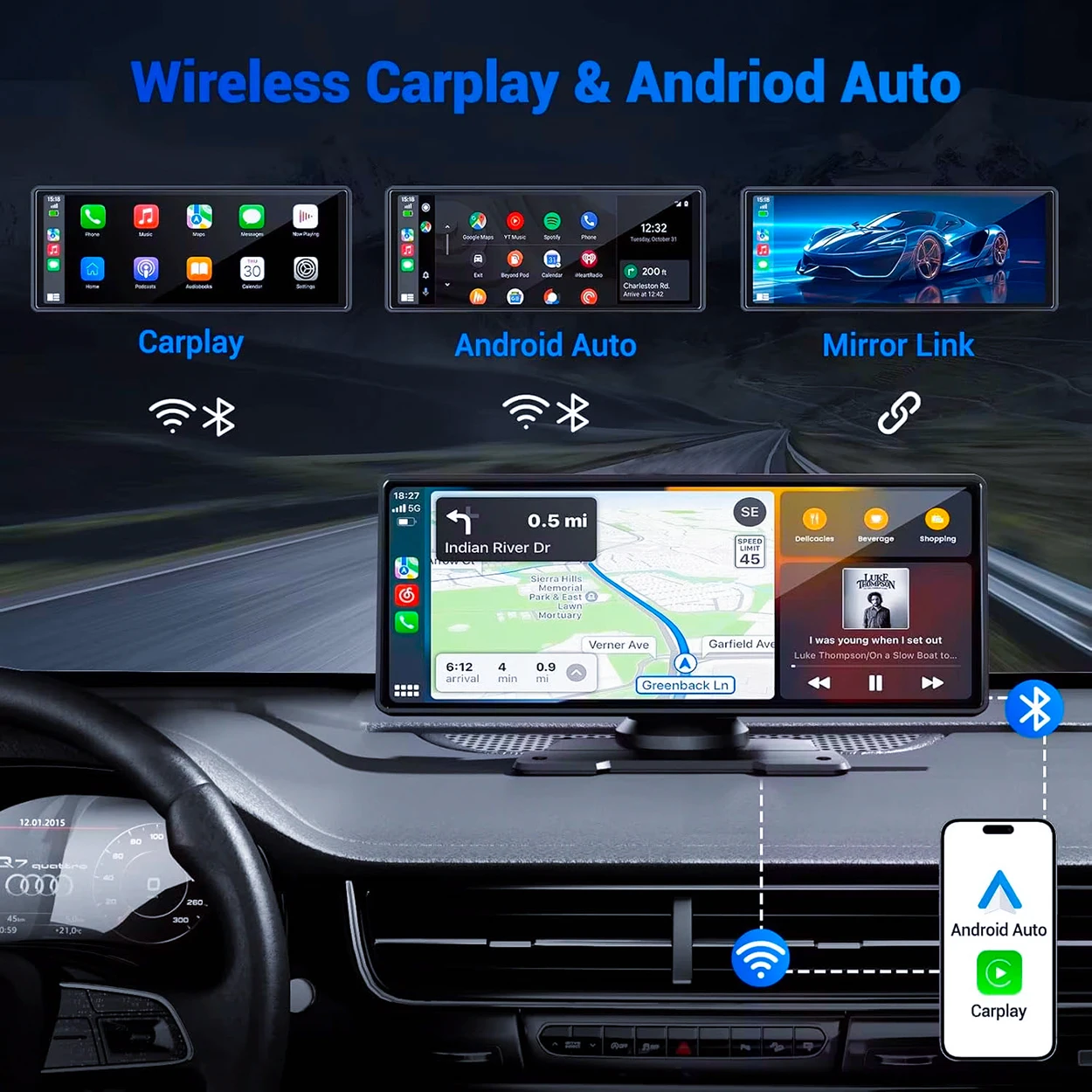 Uniwersalny przenośny ekran CarPlay Pionray 7/10 cali z Android Auto do radia samochodowego, bezprzewodowy ekran CarPlay dla Apple