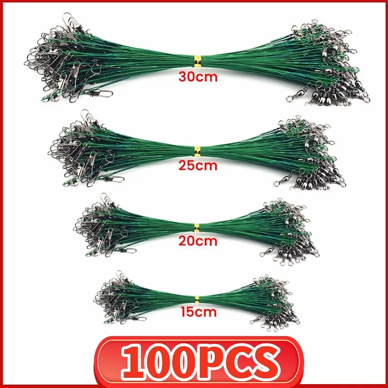 Línea de pesca de acero antimordida, líder de alambre de acero con broches giratorios, correa de núcleo de plomo, accesorio de pesca de alambre líder de 15CM-30CM