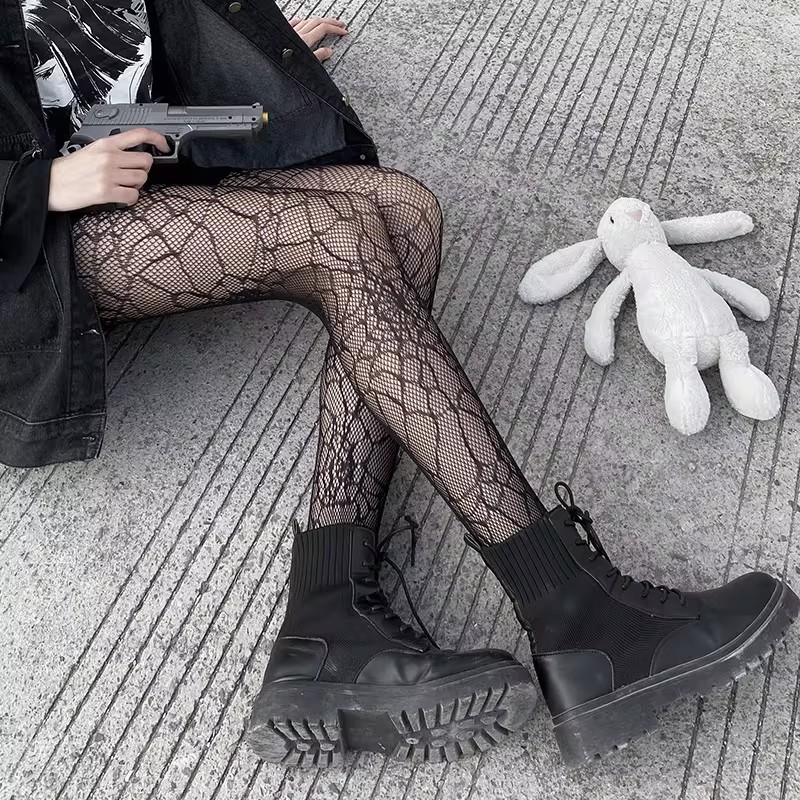 Medias clásicas de malla de encaje ahuecadas de Lolita, pantimedias con fondo para mujer, medias sexis japonesas para chicas, medias góticas Punk Retro de tela de araña