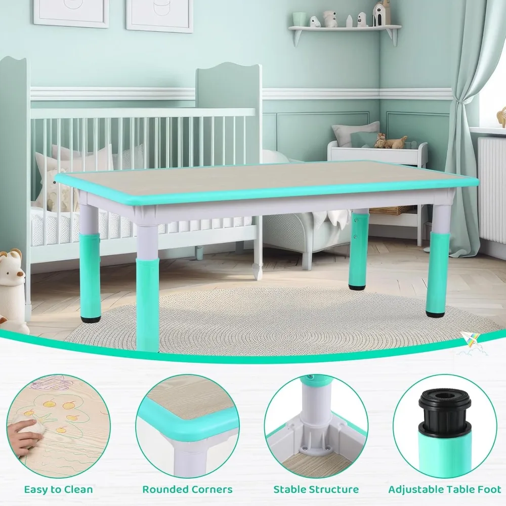 Kids Table and 6 Chairs Set, Height Adjustable Graffiti Table, Preschool Activity Art Craft Table, for Daycare Classroom