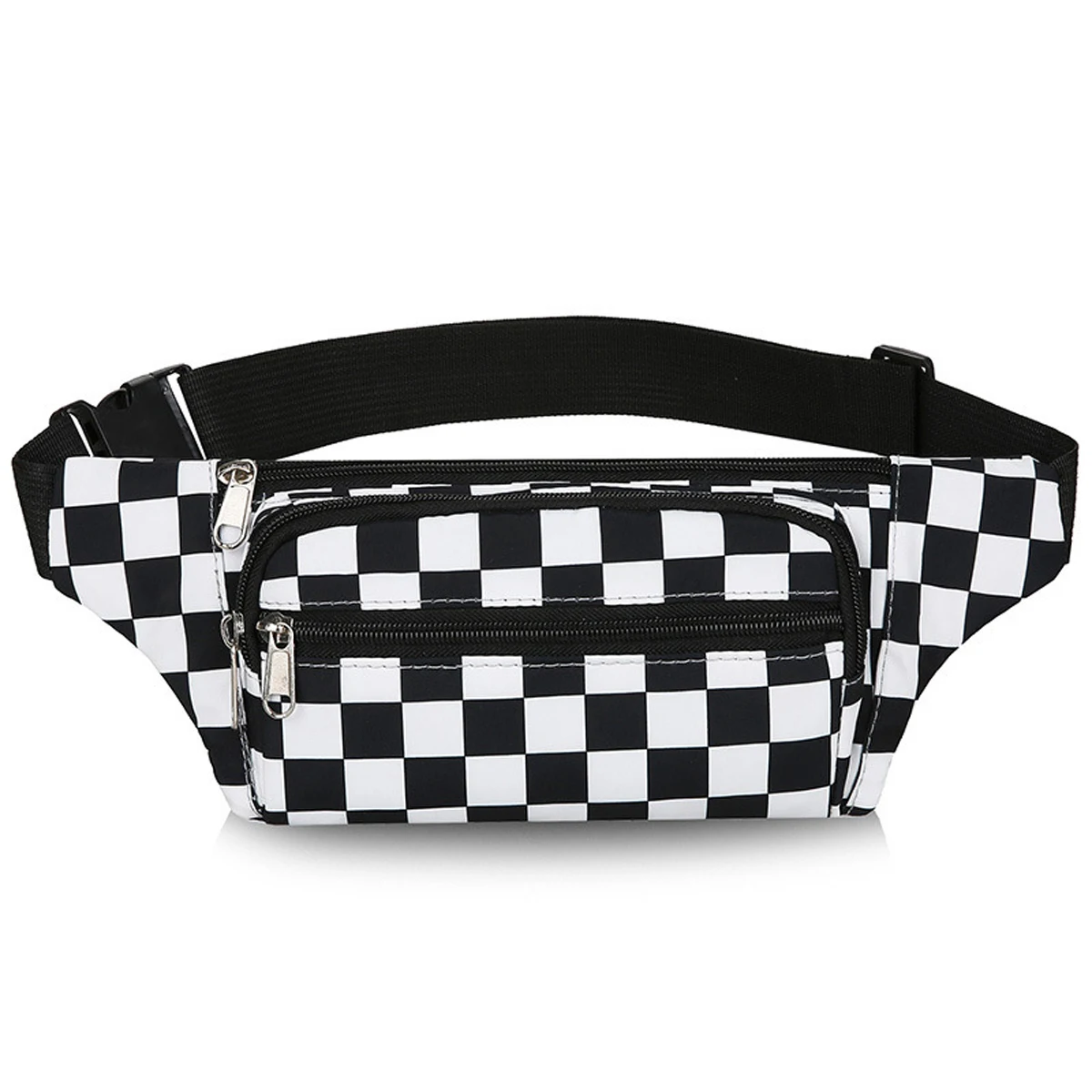 Bolsa de cintura para esportes ao ar livre, grande capacidade, à prova d'água, masculina e feminina, xadrez preto e branco, bolsa para celular, estudante