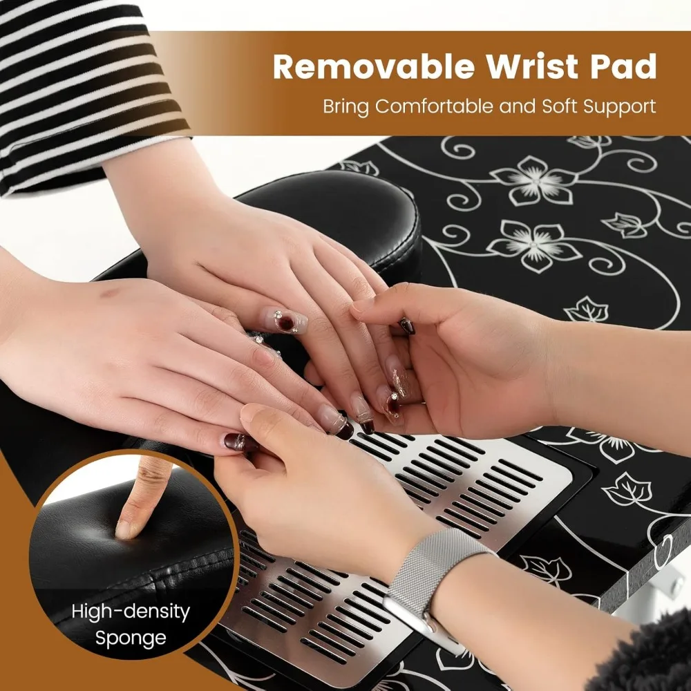 Nail Table for Nail Tech, Portable Manicure Table with Electric Dust Collector, USB-Plug LED Lamp, Wrist Rest,4 Lockable Wheels