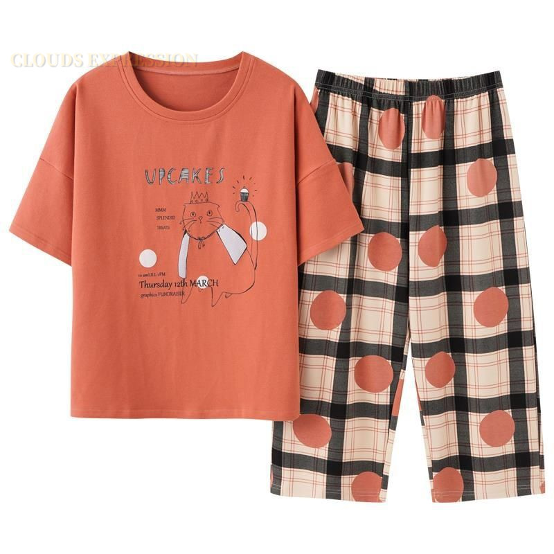 Verano Capris Plaid mujeres dormir pijama de manga corta conjuntos de pijamas de dibujos animados pijamas de poliéster ropa de dormir 3XL 5XL moda de hogar