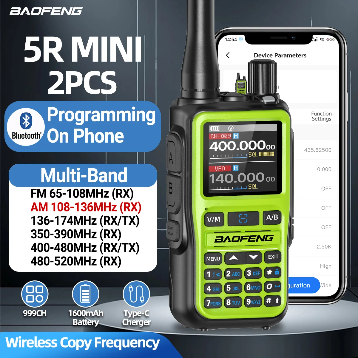 Baofeng UV 5R Mini Walkie Talkie Bluetooth Programmierfrequenz Typ-C Ladegerät Dual PTT Band AM/FM Camping Tragbares 2-Wege-Radio