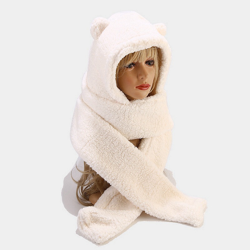 Gorro cálido con orejas de oso, conjuntos de bufanda para mujer y hombre, gorros gruesos de lana de cordero de invierno, gorros cálidos de una pieza, protección para el cuello al aire libre, traje con forro polar