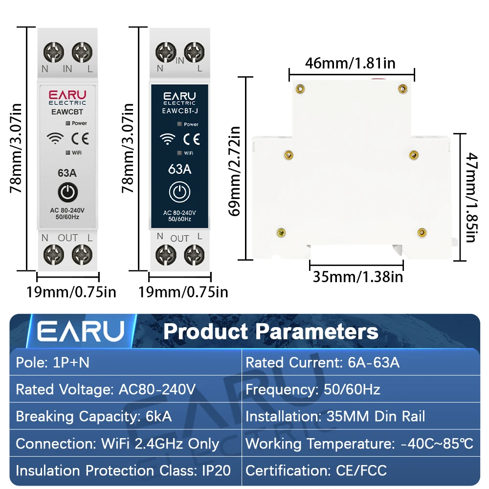 Tuya WiFi Smart Circuit Breaker MCB 1P + N 63A จับเวลาพลังงาน kWh แรงดันไฟฟ้า Meter Protector เสียงรีโมทคอนโทรล