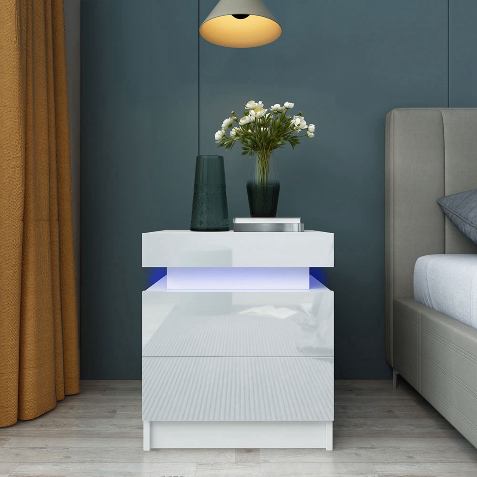 Bedside Desk Bedroom LED Nightstand Bedside Table Large Capacity RGB Light Storage Nightstand Cabinet with 2 Drawers for Bedroom