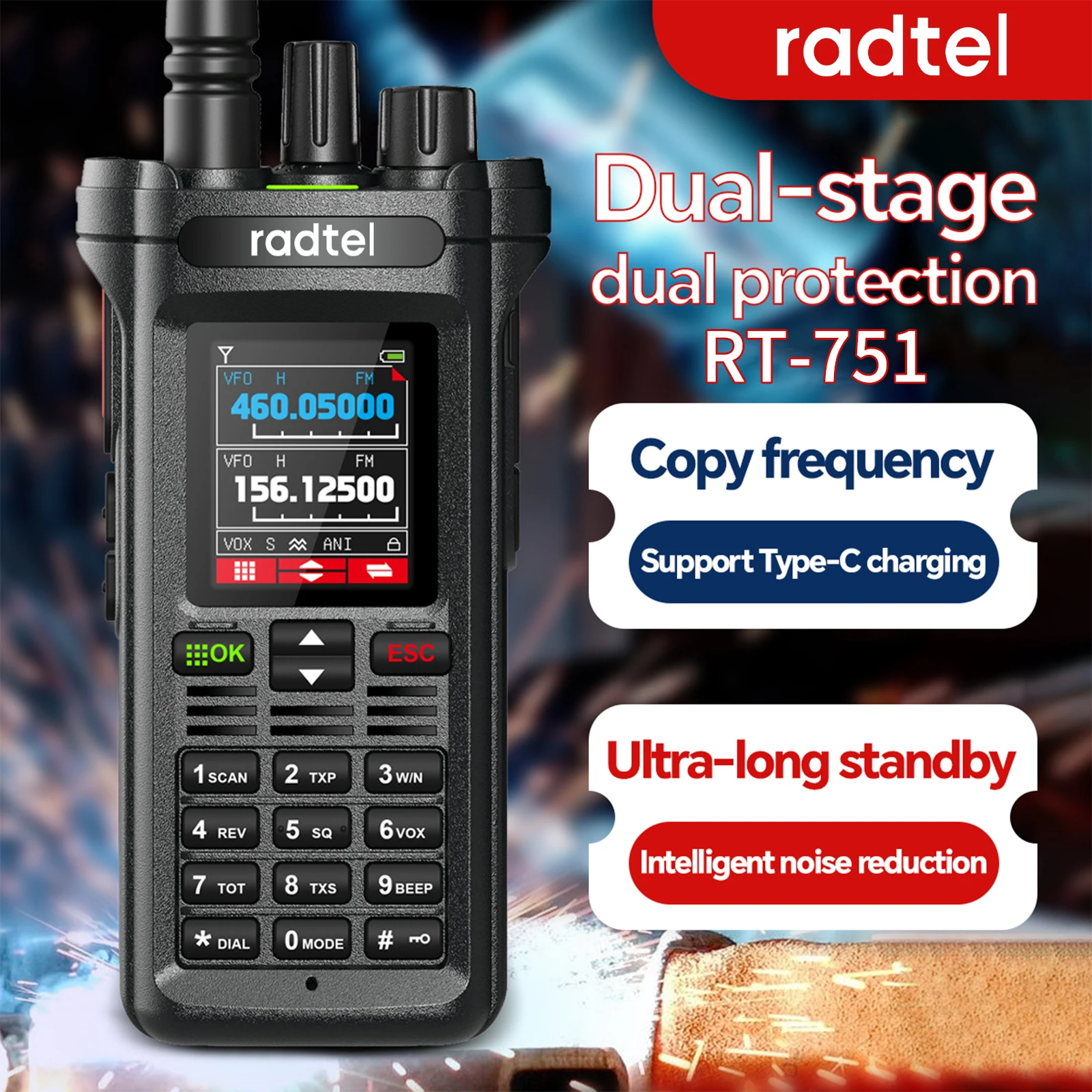 Radtel RT-751 10 W Air Band Walkie Talkie Dual Band Amateur Ham 199CH HT USB-C Batterie NOAA FM AM