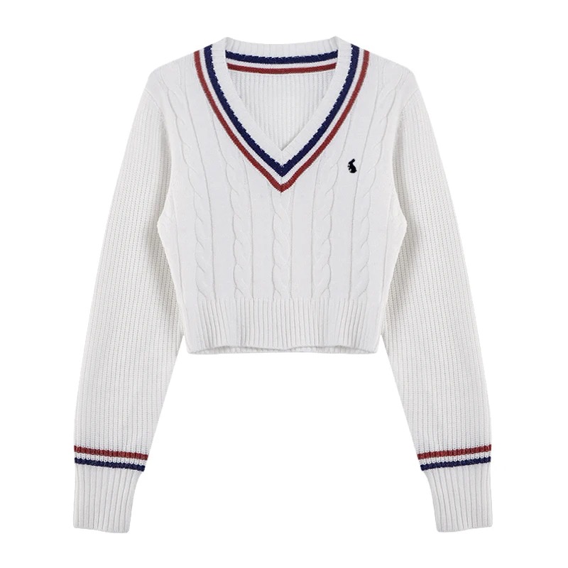 Koreanische Mode Pullover Frauen Herbst V-ausschnitt Y2K Cartoon Stickerei Gestrickte Tops Winter Weiche Grundlegende Langarm Pullover