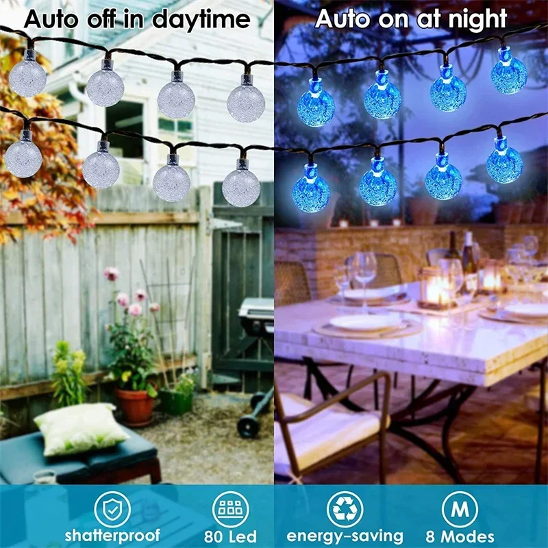 Solar String Lights Outdoor  Led Crystal Globe Lights with 8 Modes Waterproof Solar Patio Light for Garden Party Camping Light