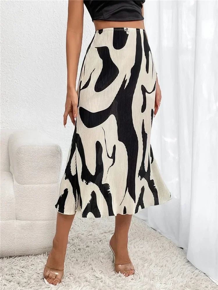 Faldas largas plisadas con estampado gráfico informal elegante para mujer, moda de otoño, falda Midi elástica de cintura alta geométrica, ropa de calle