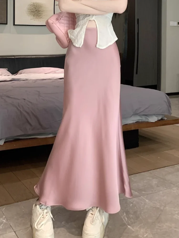 女性用シルクサテンロングスカート,ハイウエスト衣類,韓国ファッション,シャンパンカラー,ブラック,サマーコレクション2020