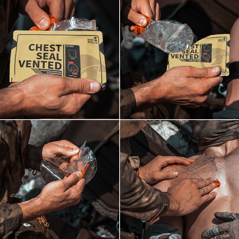 RHINO RESCUE Joint de poitrine tactique ventilé, soins des traumatismes pour les médicaments de combat Patch de scellage de poitrine, fournitures IFAK