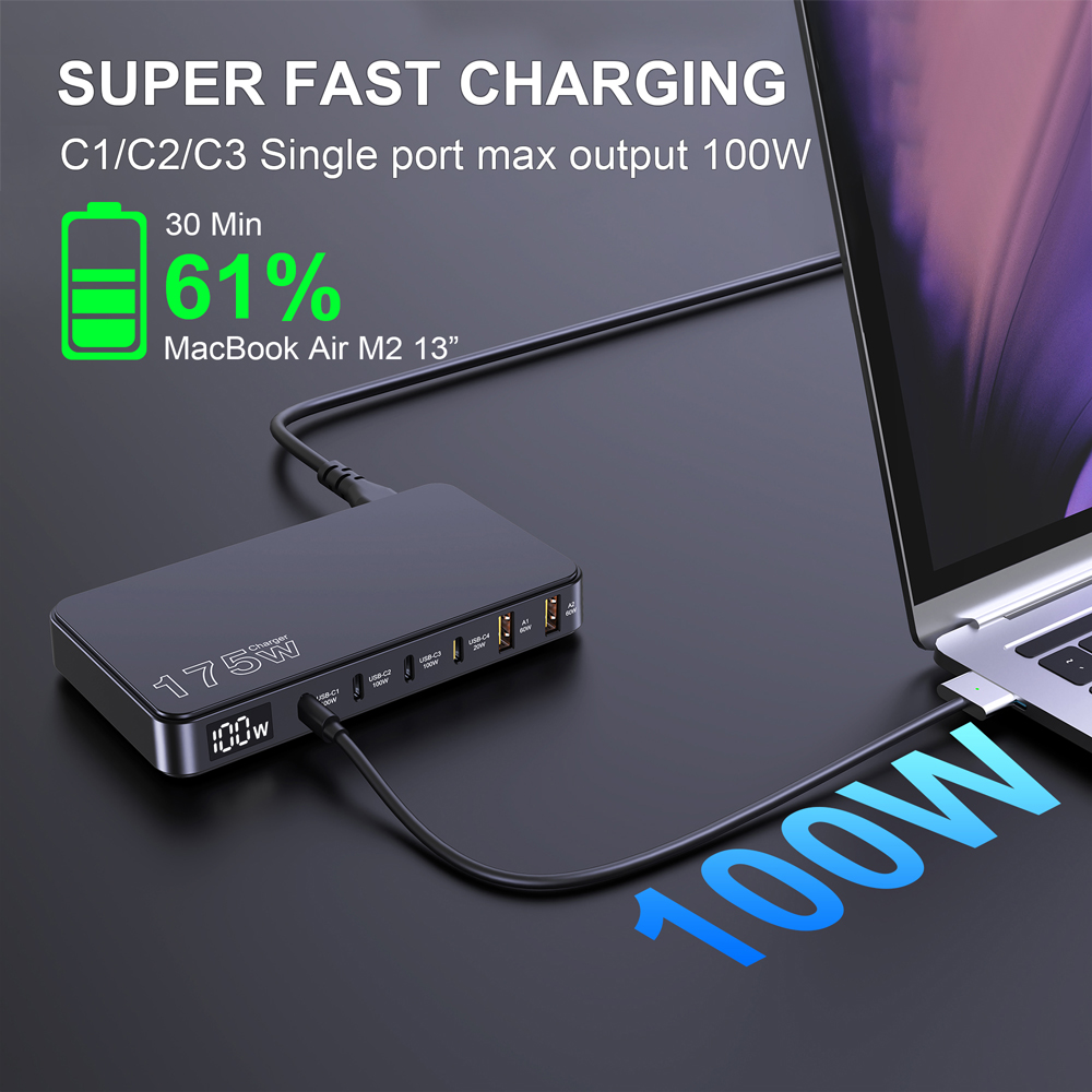 Ueetop 175 W GaN USB C Ladegerät LED-Anzeige 6-Port-Desktop-Ladegerät Typ C PD 100 W PPS 45 W Schnellladung für MacBook Samsung iPhone