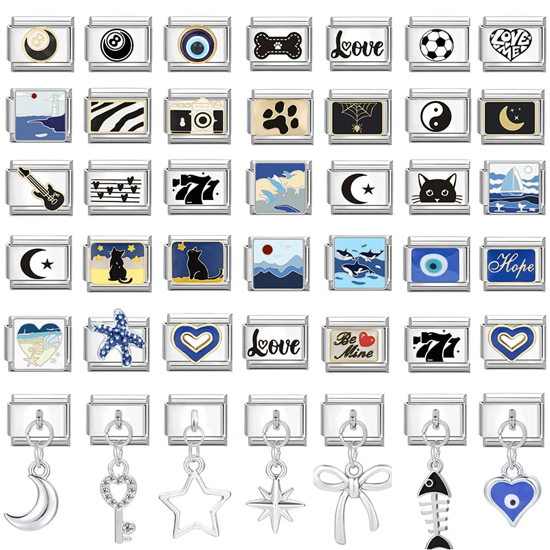 Nuevo diseño, corazón, estrella, ojos, patas de gato, mariposa, abalorio italiano, eslabones de acero inoxidable, apto para pulsera de 9mm, joyería DIY, regalos