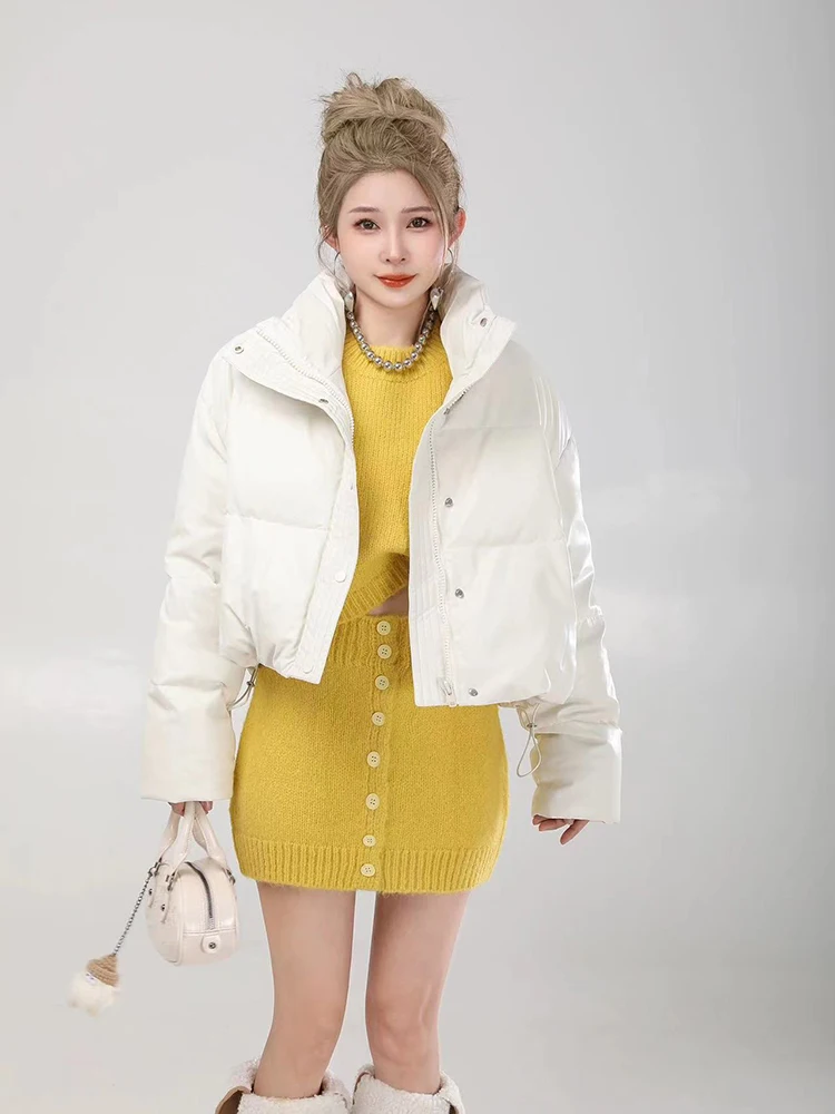 Parkas cortas cálidas de invierno para mujer, chaqueta acolchada corta de cuero Pu a la moda Y2K, ropa informal suelta para mujer, abrigos de manga larga con cremallera