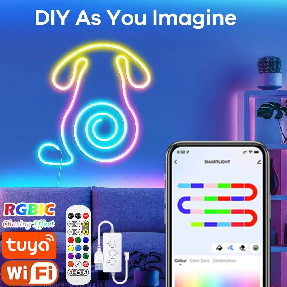 TUYA 네온 LED 스트립 조명 5V 72LED/M 실리콘 네온 로프 라이트(음악 동기화 포함) RGBIC Dreamcolor Chasing 스트립 테이프(룸용)