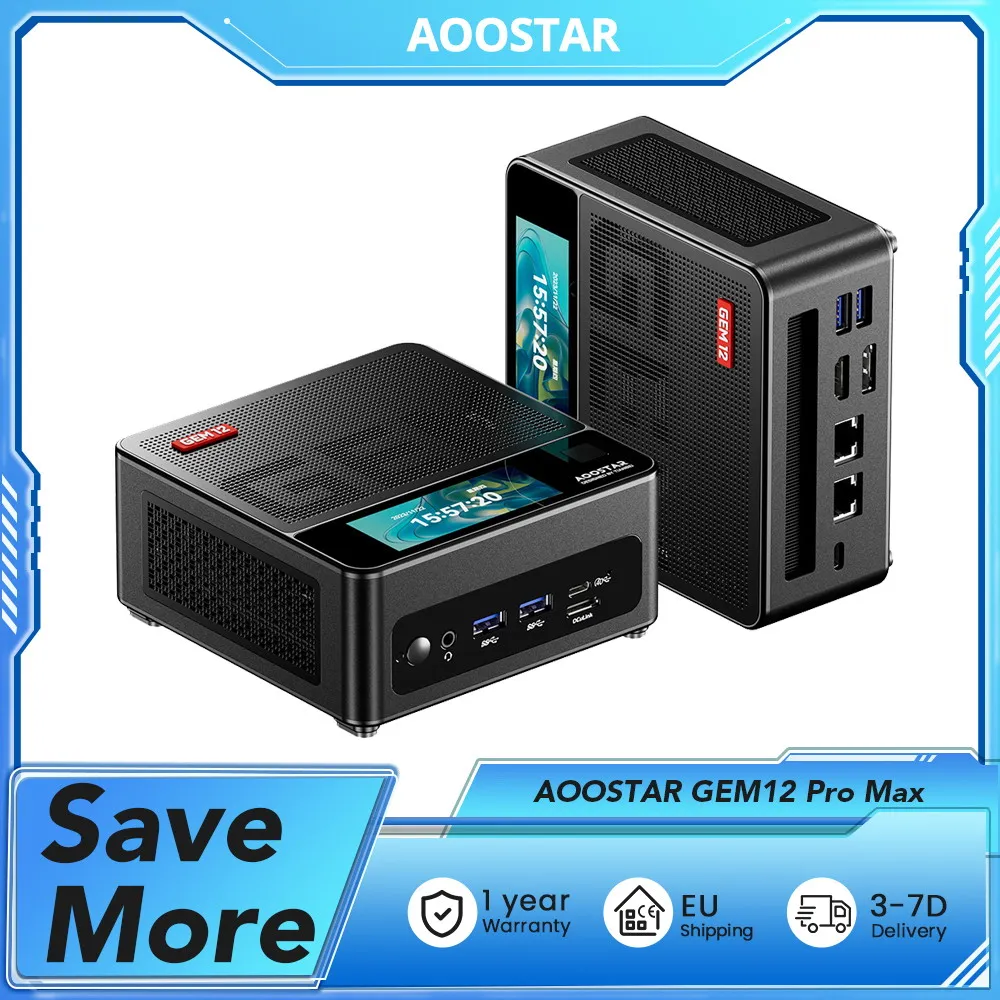 AOOSTAR GEM12 Pro Max mini-pc met display, vingerafdrukontgrendeling, AMD Ryzen 7 8845HS 8 Core Max 5,1 GHz, 32 GB DDR5 RAM 1 TB SSD