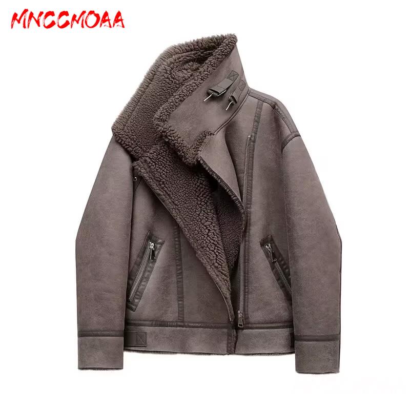 MNCCMOAA-Jaqueta de couro falso feminino, casacos vintage, grossos, quentes, casuais, outwear solto, alta qualidade, moda feminina, inverno
