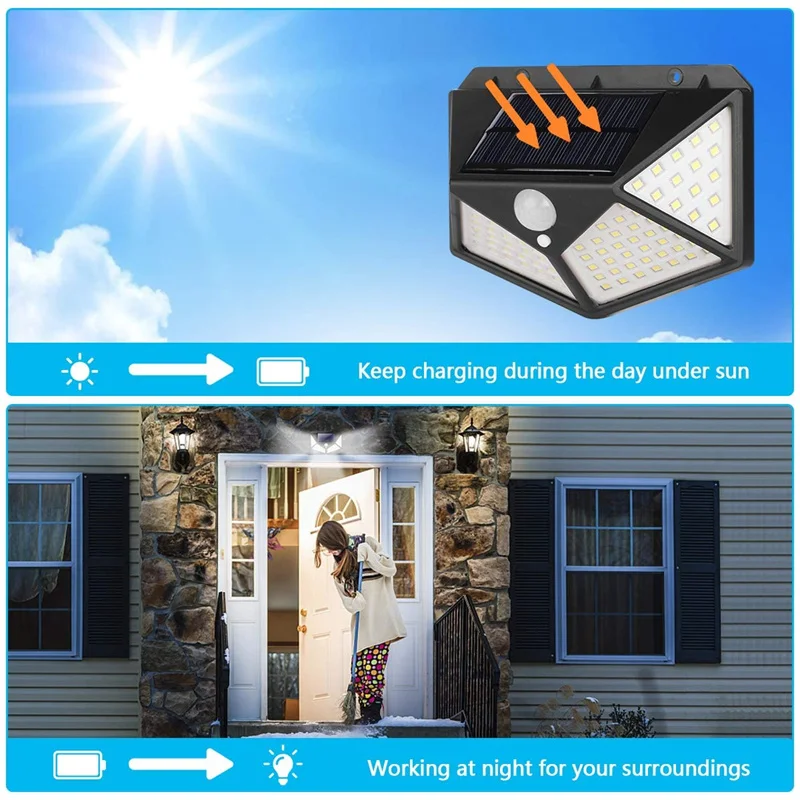 Lampada da parete solare a 100 LED Lampada da esterno con sensore di movimento PIR solare Lampione stradale solare impermeabile per la decorazione del percorso del giardino